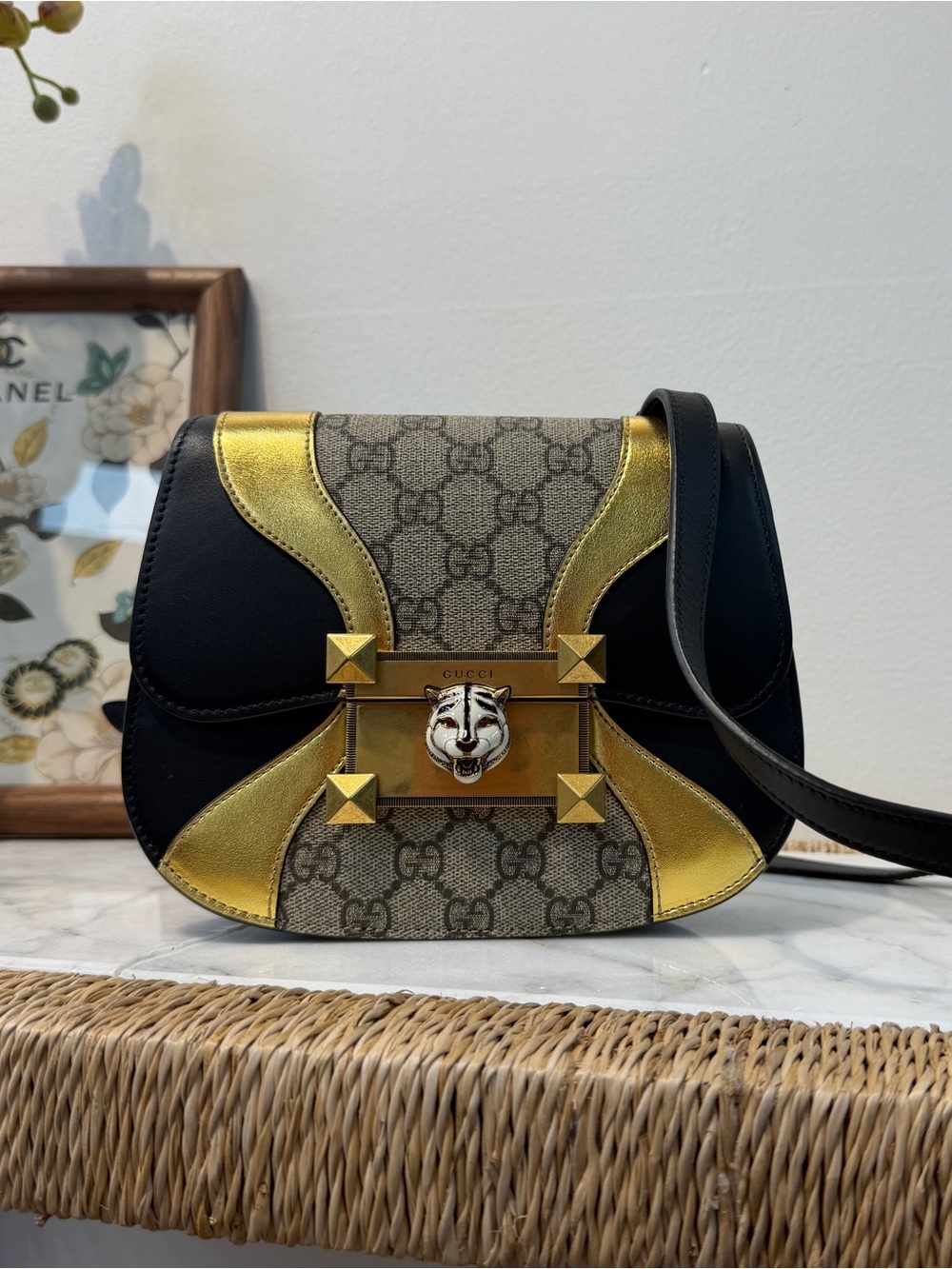 Gucci GG Supreme Black & Metallic Gold Tiger Head Crossbody Bag